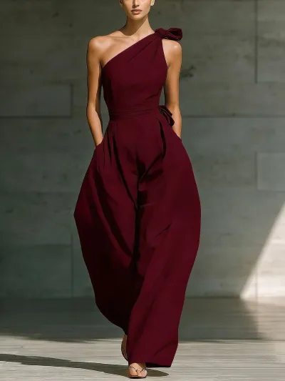 Women Fashion Casual Summer Slant Shoulder Sleeveless Tight Waist Lace-Up Pleated Loose Jumpsuits