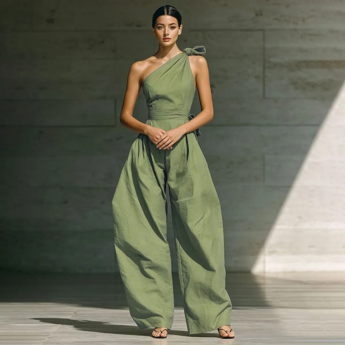 Women Fashion Casual Summer Slant Shoulder Sleeveless Tight Waist Lace-Up Pleated Loose Jumpsuits