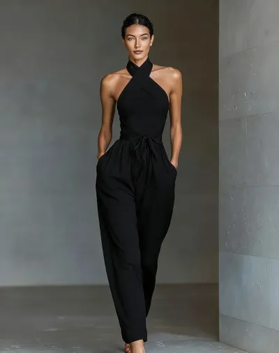 Women Fashion Casual Solid Color Linen Crossover Strap Sleeveless Lace-Up Wide Leg Jumpsuits