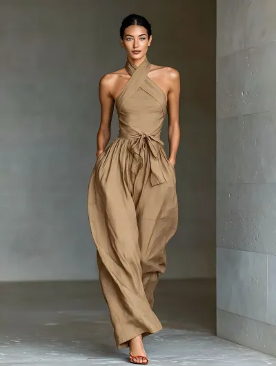 Women Fashion Casual Solid Color Linen Crossover Strap Sleeveless Lace-Up Wide Leg Jumpsuits