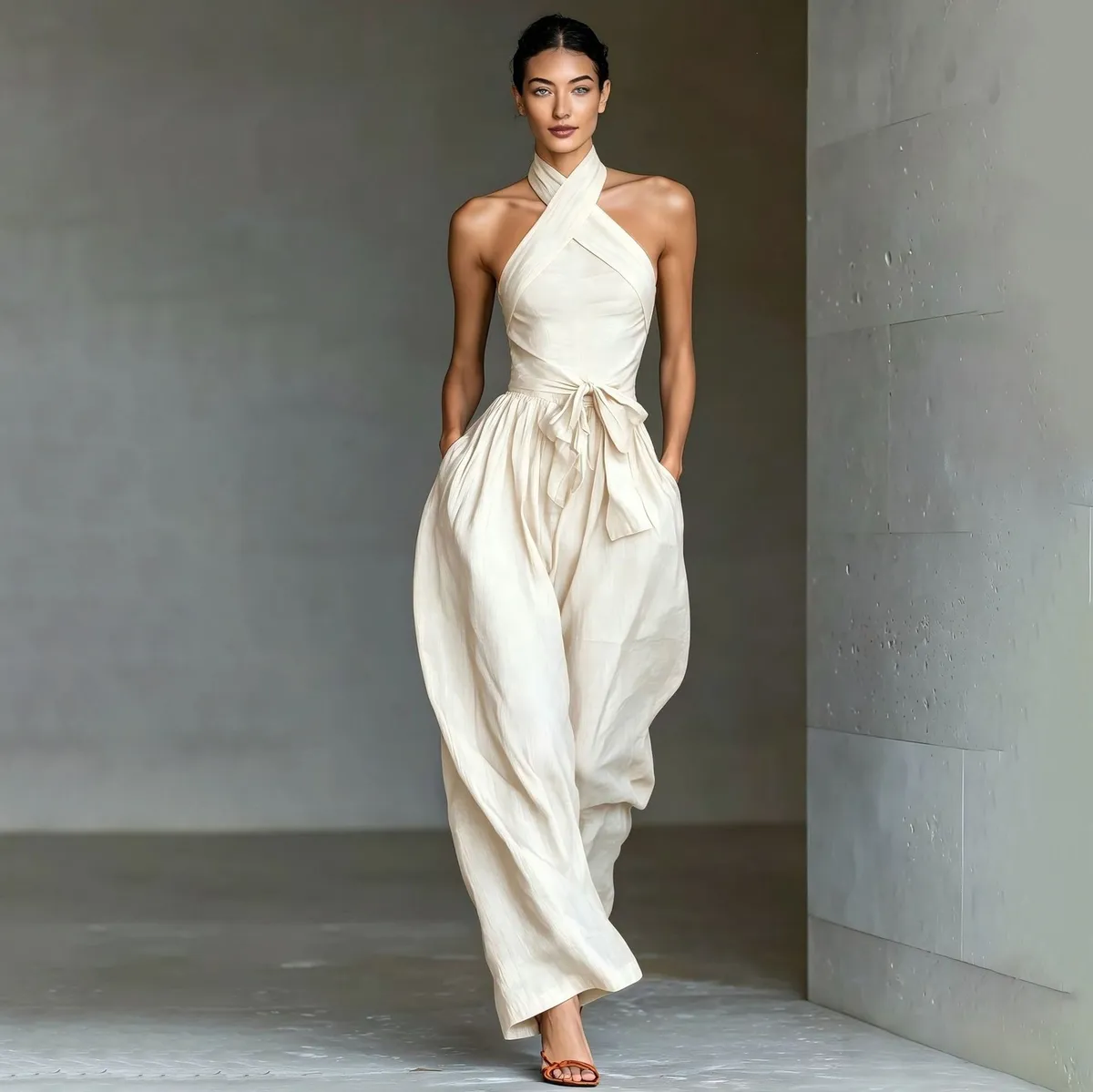 Women Fashion Casual Solid Color Linen Crossover Strap Sleeveless Lace-Up Wide Leg Jumpsuits