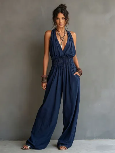 Women Fashion Casual Spring Summer Solid Color Halter-Neck Sleeveless Thin Jumpsuits