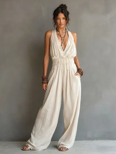 Women Fashion Casual Spring Summer Solid Color Halter-Neck Sleeveless Thin Jumpsuits