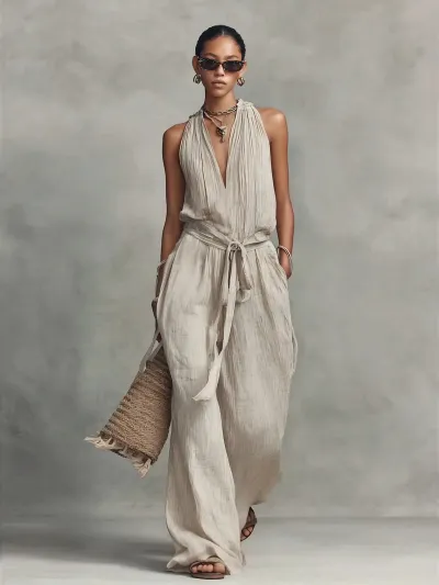 Women Fashion Casual Solid Color Sleeveless Lace-Up Loose Jumpsuits