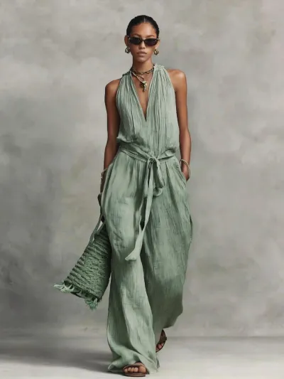 Women Fashion Casual Solid Color Sleeveless Lace-Up Loose Jumpsuits
