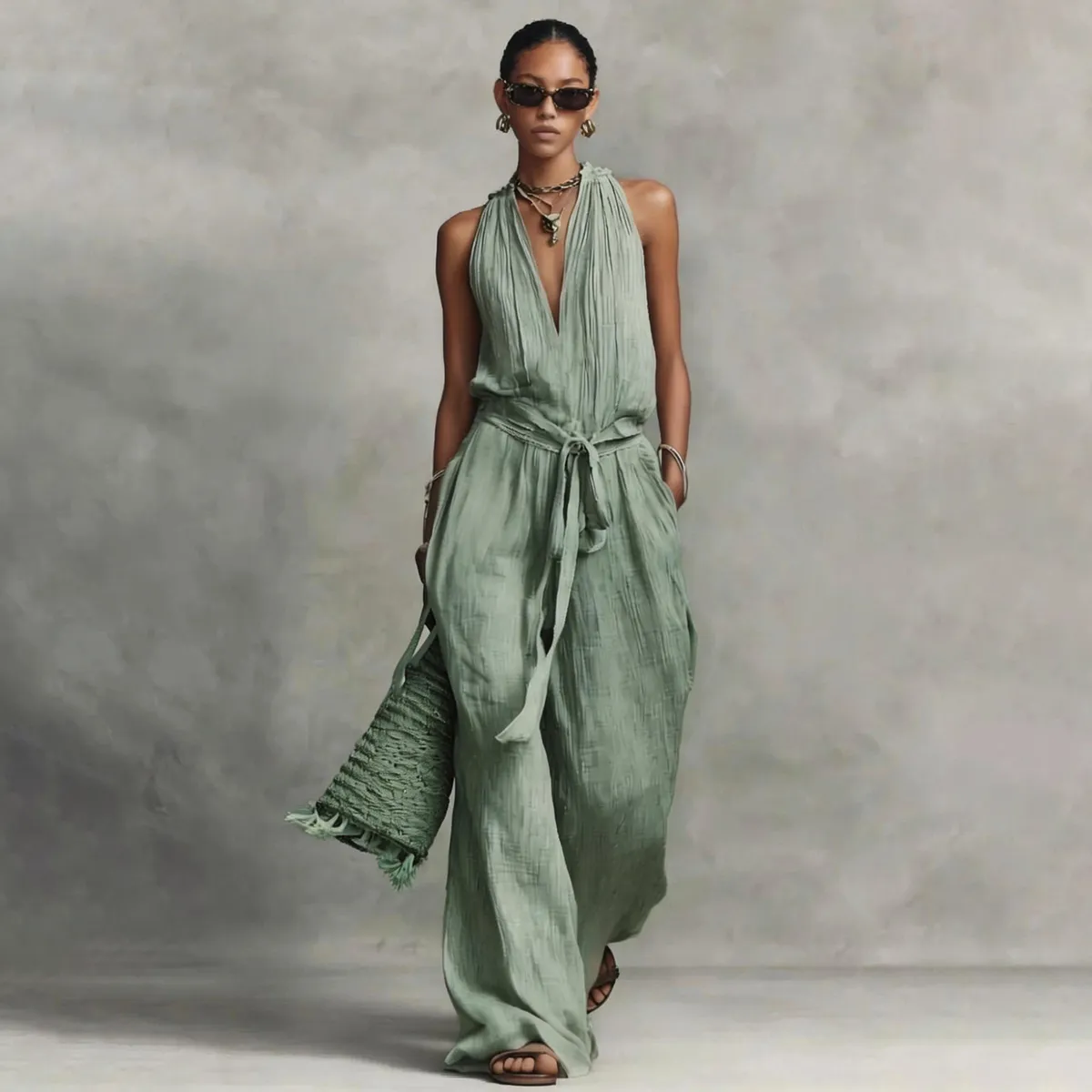 Women Fashion Casual Solid Color Sleeveless Lace-Up Loose Jumpsuits
