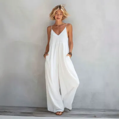 Women Fashion Casual Spring And Summer Solid Color V-Neck Lace-Up Strap Wide-Leg Jumpsuit