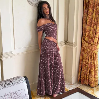 Women Fashion Sexy Summer Polka Dot Print Off-Shoulder Crop Top Maxi Skirt Two-Piece Set