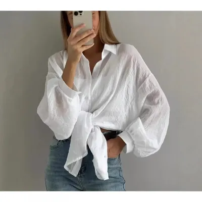Women Fashion Casual Solid Color Laple Long-Sleeve Loose Blouse