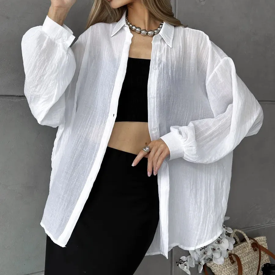 Women Fashion Casual Solid Color Laple Long-Sleeve Loose Blouse