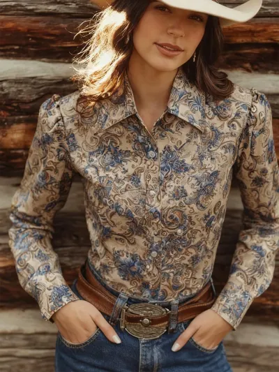 Women Fashion Casual Retro Printed Lapel Long-Sleeve Blouse