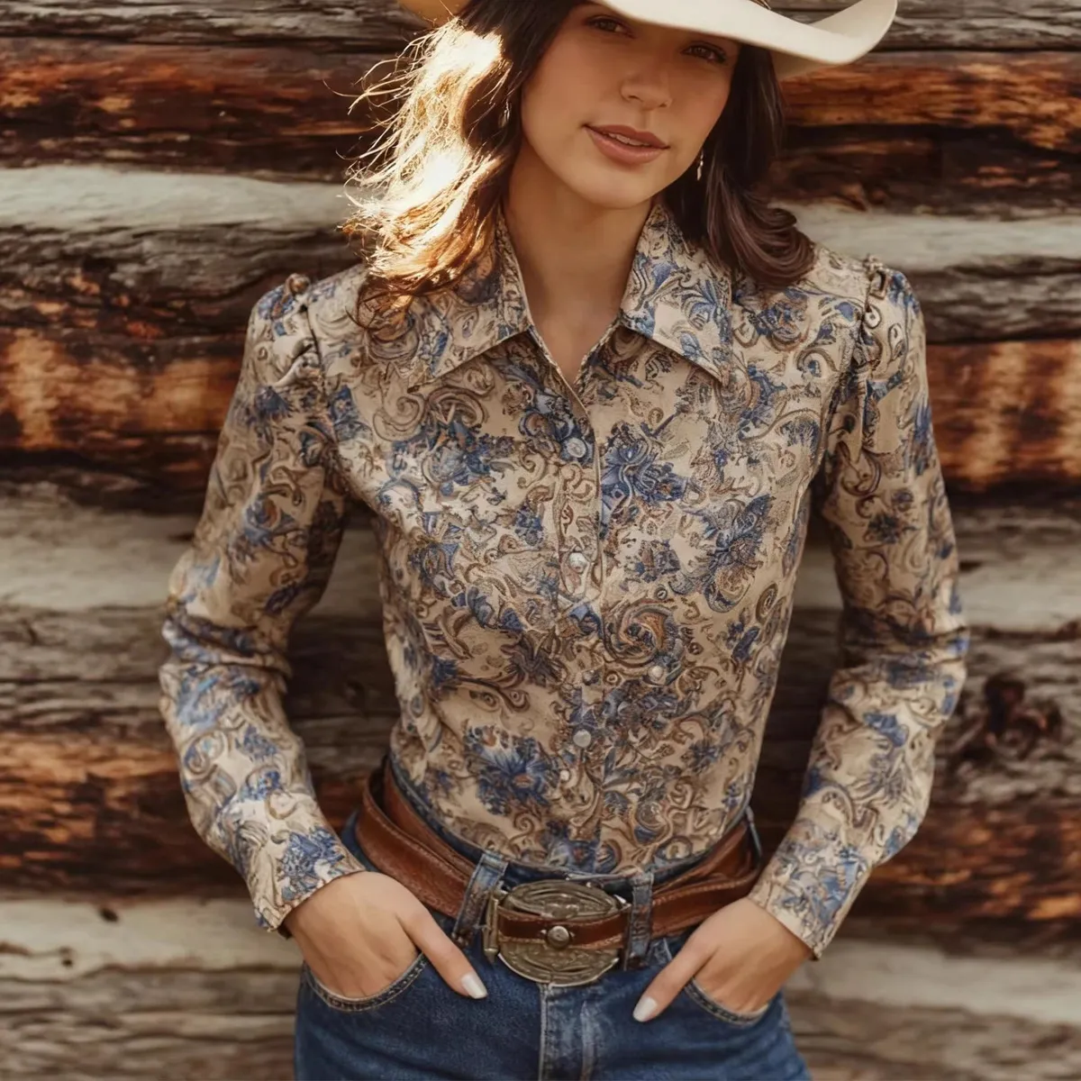 Women Fashion Casual Retro Printed Lapel Long-Sleeve Blouse
