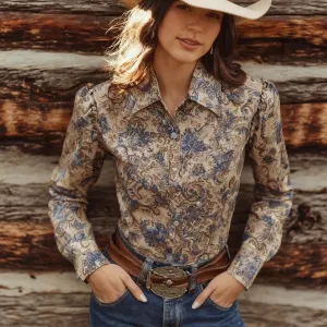 Women Fashion Casual Retro Printed Lapel Long-Sleeve Blouse