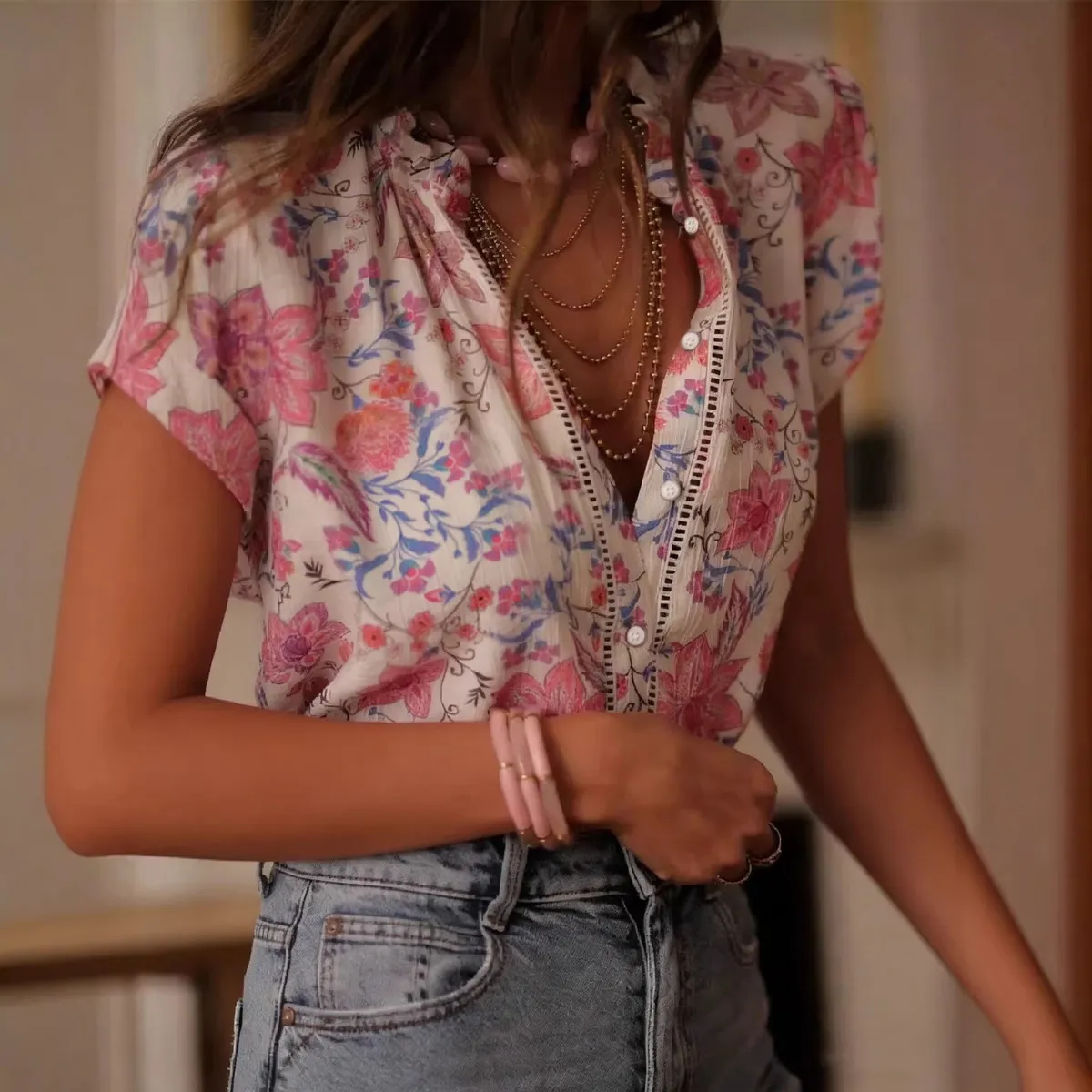 Women Fashion Casual Flower Printed Short-Sleeve Blouse