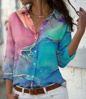 Women Fashion Casual 3d Printed Lapel Long-Sleeve Blouse
