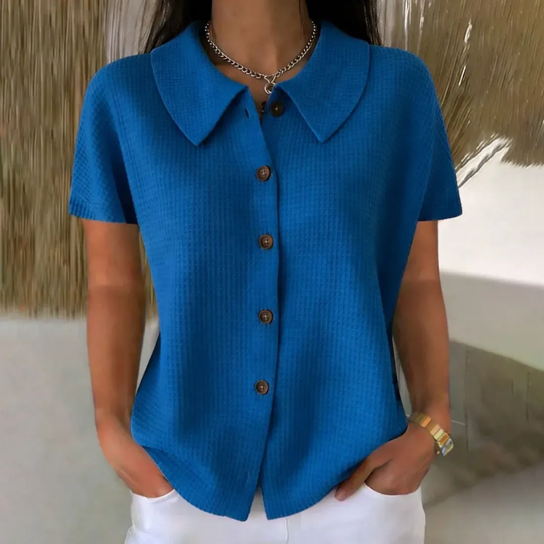 Women Fashion Casual Solid Color Waffle Lapel Short Sleeve Blouse