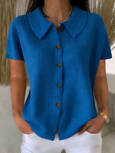 Women Fashion Casual Solid Color Waffle Lapel Short Sleeve Blouse