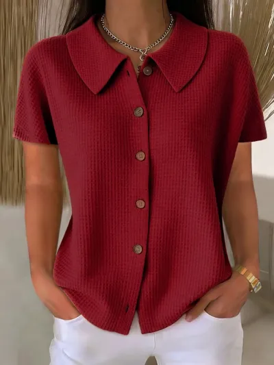 Women Fashion Casual Solid Color Waffle Lapel Short Sleeve Blouse