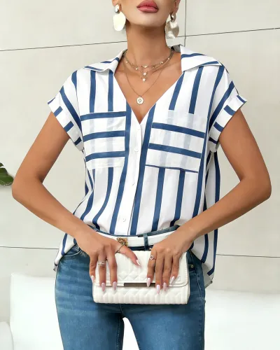 Women Fashion Casual Stripe Lapel V-Neck Pocket Loose Blouse