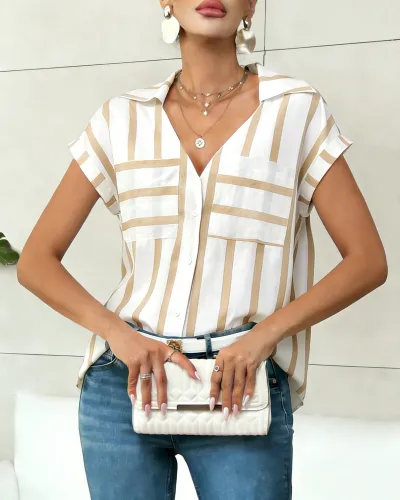 Women Fashion Casual Stripe Lapel V-Neck Pocket Loose Blouse