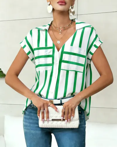 Women Fashion Casual Stripe Lapel V-Neck Pocket Loose Blouse