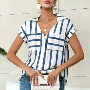 Women Fashion Casual Stripe Lapel V-Neck Pocket Loose Blouse