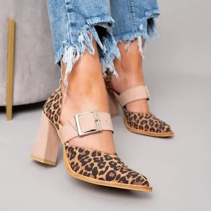 Women Fashion Spring Leopard Print Pointed Toe Chunky Heel Shoes
