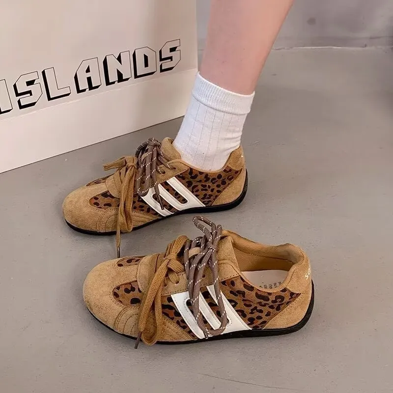 Women Fashion Casual Leopard Print Round-Toe Lace-Up Flat German Trainers Sneakers