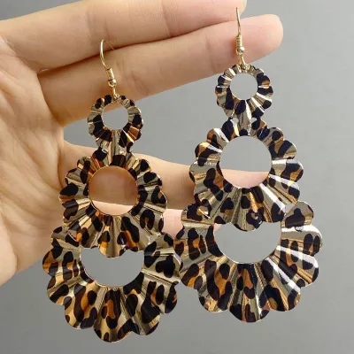 Women Fashion Leopard Round Water Drops Geometric Earrings