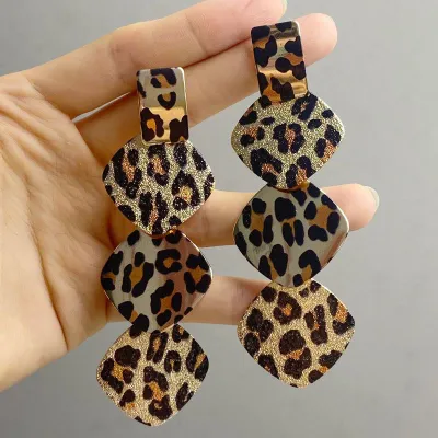 Women Fashion Leopard Round Water Drops Geometric Earrings