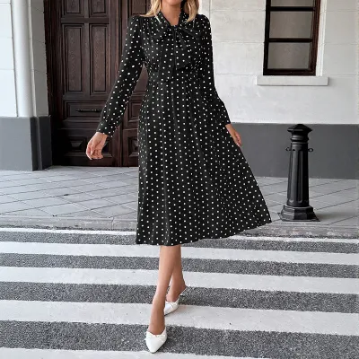 Women Fashion Casual Elegant Polka Dot Print Bowknot Long Sleeve Tight Waist Loose Dress
