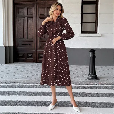 Women Fashion Casual Elegant Polka Dot Print Bowknot Long Sleeve Tight Waist Loose Dress
