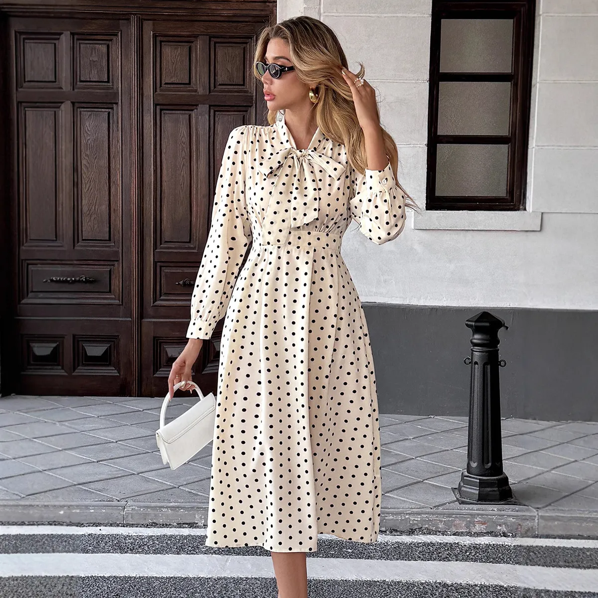 Women Fashion Casual Elegant Polka Dot Print Bowknot Long Sleeve Tight Waist Loose Dress