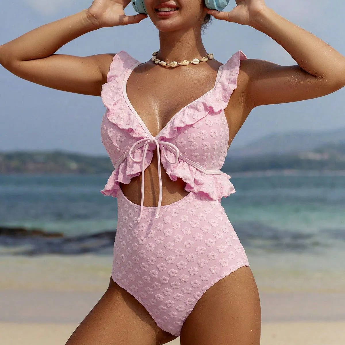 Women Fashion Solid Color Jacquard Hollow Ruffle One-Piece Swimsuit