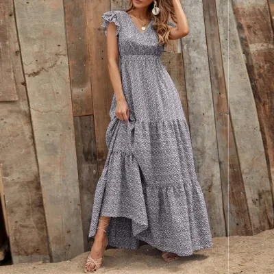 Women Fashion Casual Boho Vacation Printed V-Neck Short-Sleeve Loose Dress