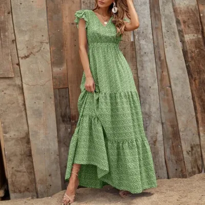 Women Fashion Casual Boho Vacation Printed V-Neck Short-Sleeve Loose Dress
