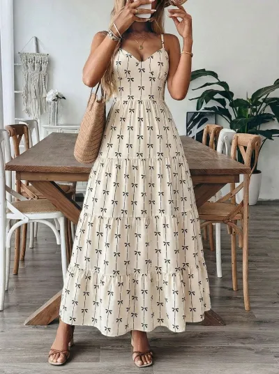 Women Fashion Elegant Summer Boho Vacation Printed Spaghetti Strap Backless Loose Dress