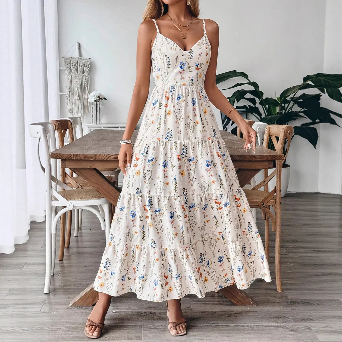 Women Fashion Elegant Summer Boho Vacation Printed Spaghetti Strap Backless Loose Dress