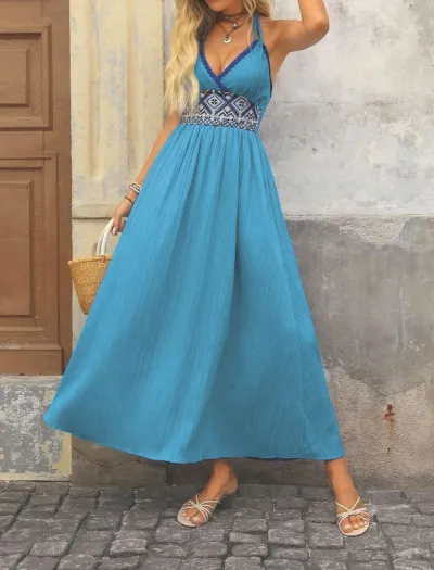 Women Fashion Boho Vacation Geometric Jacquard V-Neck Spaghetti Strap Backless Loose Dress