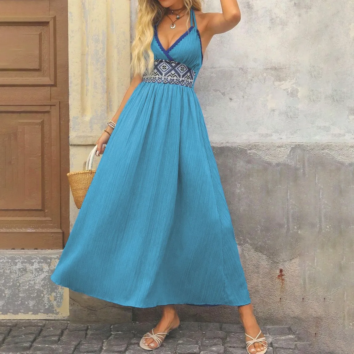 Women Fashion Boho Vacation Geometric Jacquard V-Neck Spaghetti Strap Backless Loose Dress