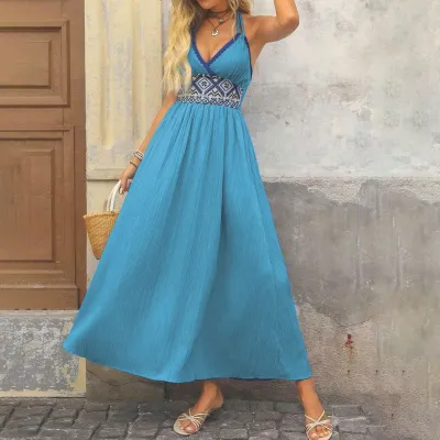 Women Fashion Boho Vacation Geometric Jacquard V-Neck Spaghetti Strap Backless Loose Dress