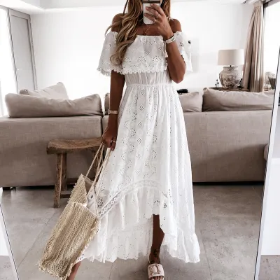 Women Fashion Boho Vacation Solid Color Lace Off-Shoulder Loose Dress