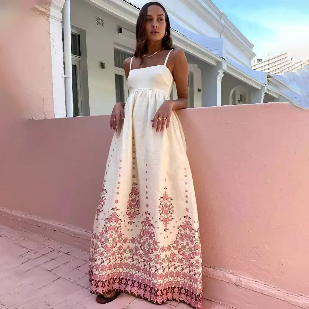 Women Fashion Sexy Boho Vacation Printed Cotton Linen Spaghetti Strap Loose Dress
