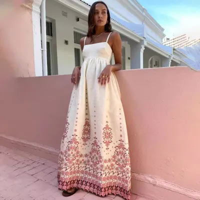 Women Fashion Sexy Boho Vacation Printed Cotton Linen Spaghetti Strap Loose Dress