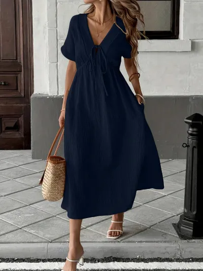 Women Fashion Casual Boho Vacation Solid Color Deep V-Neck Short-Sleeve Loose Dress