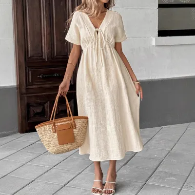 Women Fashion Casual Boho Vacation Solid Color Deep V-Neck Short-Sleeve Loose Dress