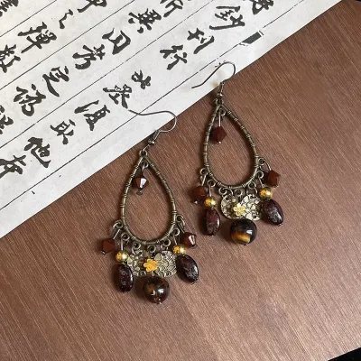 Women Fashion Retro Ethnic Style Hollow Water Drop Beaded Tassel Earrings
