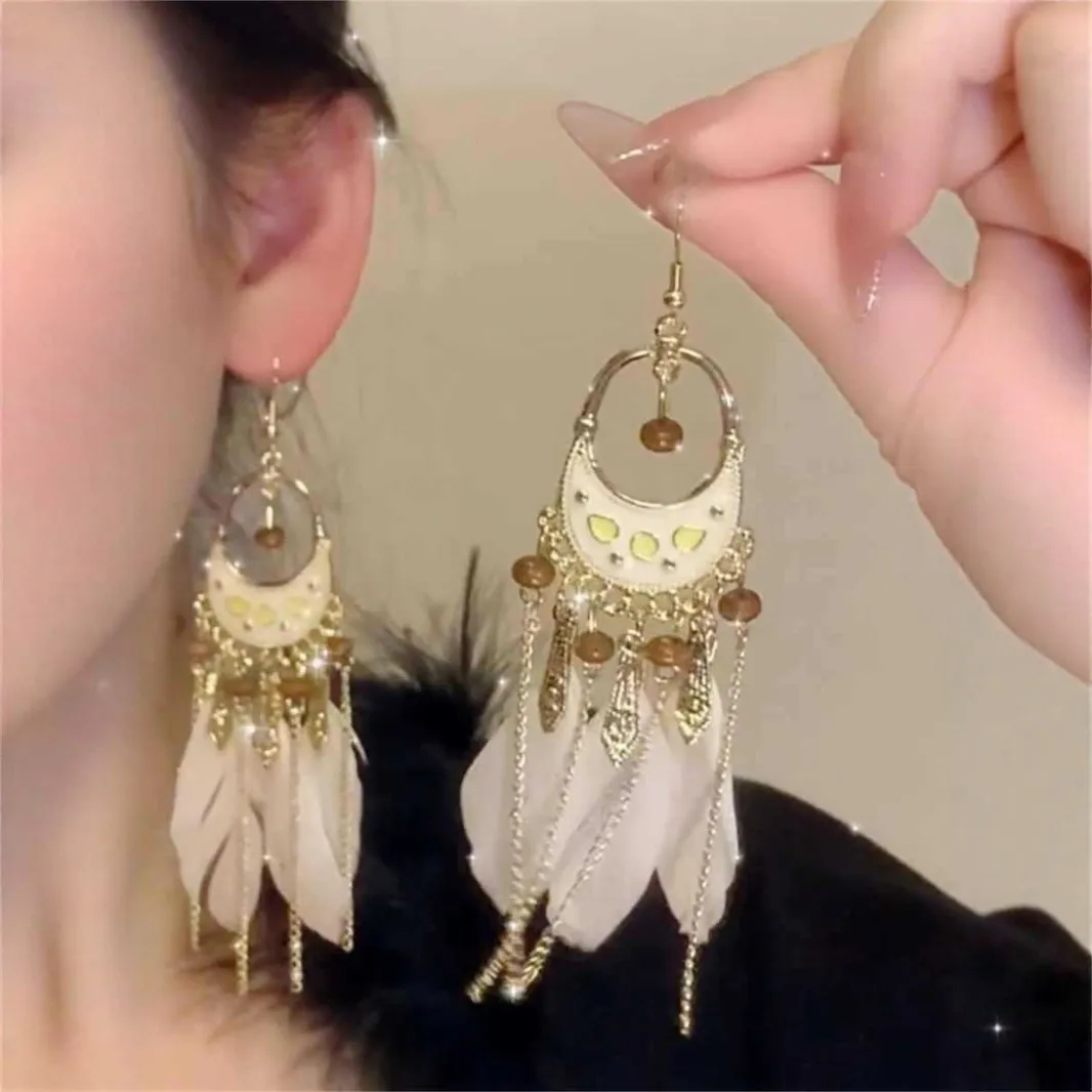 Women Boho Handmade Long Feather Leaf Tassel Earrings Casual Style