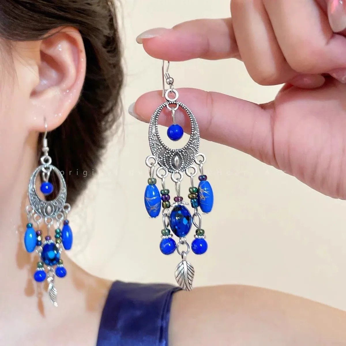 Women Fashion Casual Bohemian Retro Turquoise Tassel Earrings