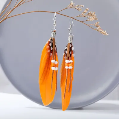 Women's Boho Beaded Tassel Teardrop Feather Earrings Drop Earrings Copper Needle